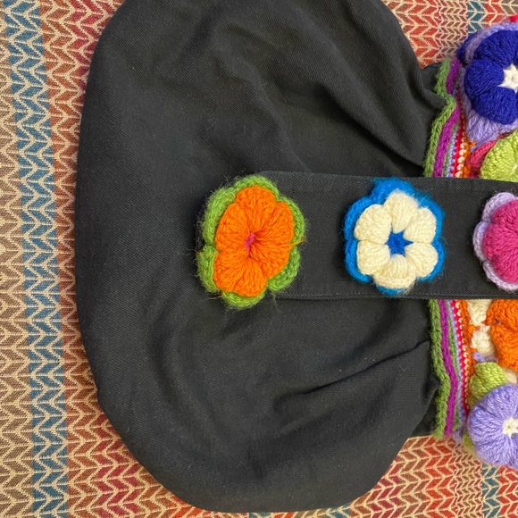 Super Cute Hand Made Unique Crochet Multicolored 3D Floral Black Shoulder Bag - Picture 4 of 15